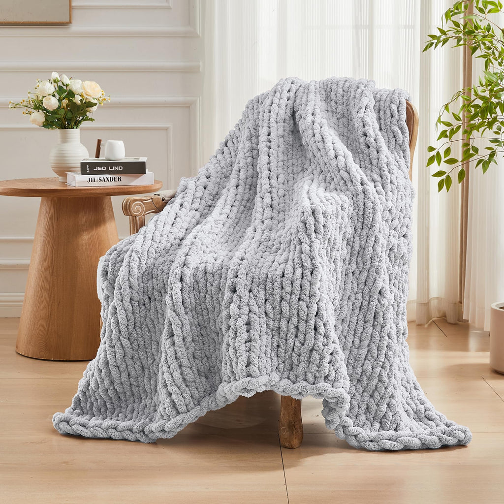 Chunky Knit Throw Blanket 60" x 80", 100% Hand Made, Grey