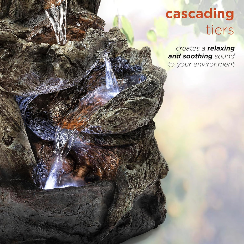 14"H Indoor Tiered Log Tabletop Fountain with LED Lights - Cascading Waterfall Design Creates Relaxing Ambiance Décor