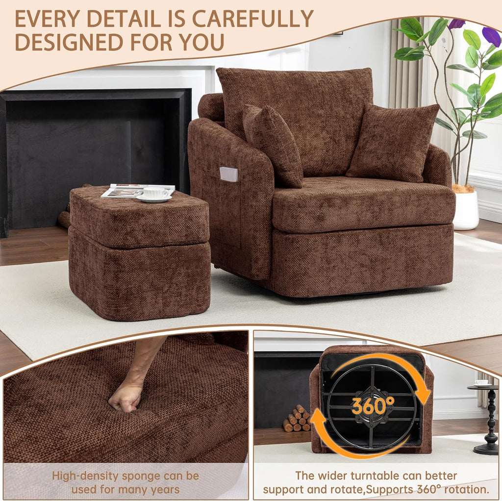 Modern Swivel Lounge Chair and Ottoman — Brown Chenille