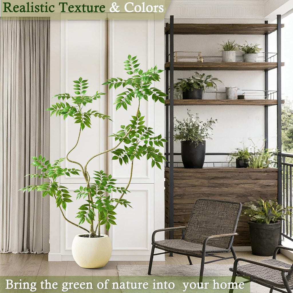 Artificial Sumac Tree:5FT Faux Mahonia Fortunei Tree Realistic Fake Floor Plant Silk Leaves & Elegant Branches in Pot