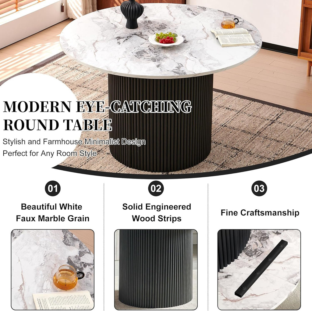 Modern Round Pedestal Dining Table for 4-6, 47" Kitchen Table with White Marble Grain Tabletop Engineered Wood Base