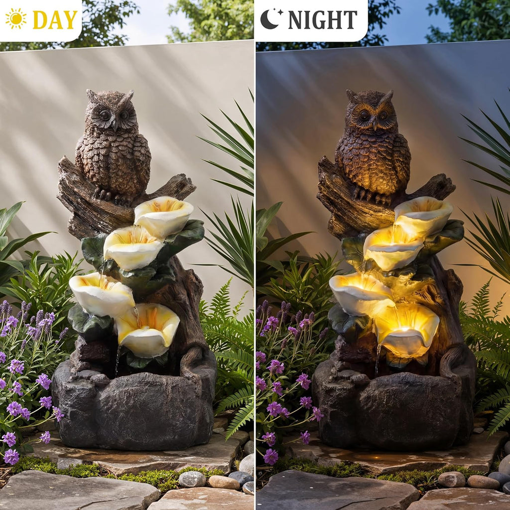 28.3" Tall Outdoor Water Fountain, 5 Tier Cascading Bowls and Stacked Water Fountain with LED Lights Décor, and Deck