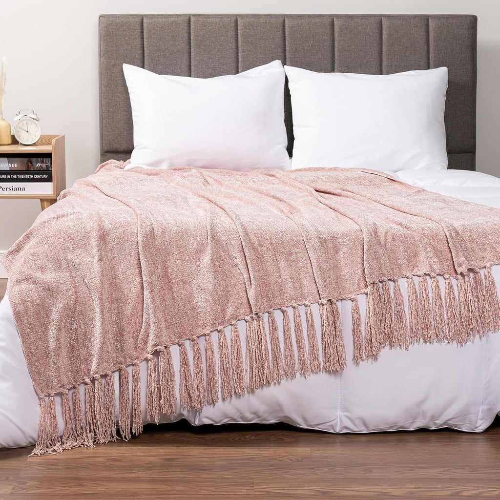 Pink Chenille Throw Blanket, Light Pink Soft Knit Throw with Tassel, Decorative Blanket, Blush Pink 50x60