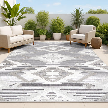 Neutral Diamond Kilim Indoor Outdoor Area Rug Gray/White/Black, Sumak High-Low Pile for Backyard, Patio, Porch