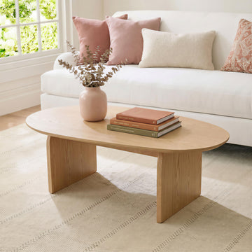 Large Oval Coffee Table, Oak Veneer Top with Solid Legs, Natural