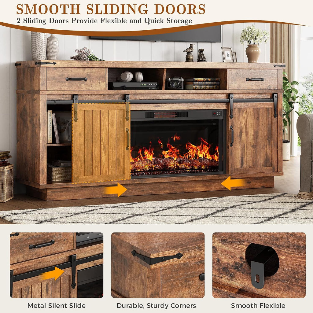 58" Farmhouse Electric Fireplace TV Stand for TVs up to 65", Entertainment Center with 2 Large Storage Drawers