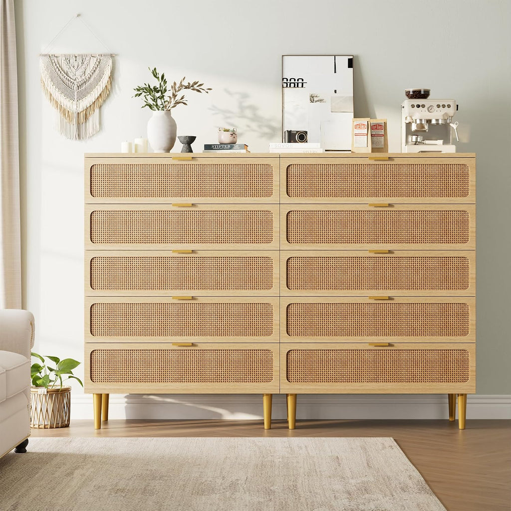 Rattan 5 Drawer Dressers , Tall Dresser with Deep Drawers, Large Chest of Drawers for Closet with Wide Top, Long