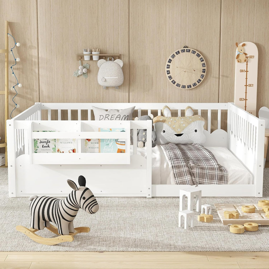 Full Floor Bed with Bookshelf and Safety Guardrail, Full Size Montessori Floor Bed with Fence, Easy Assemble