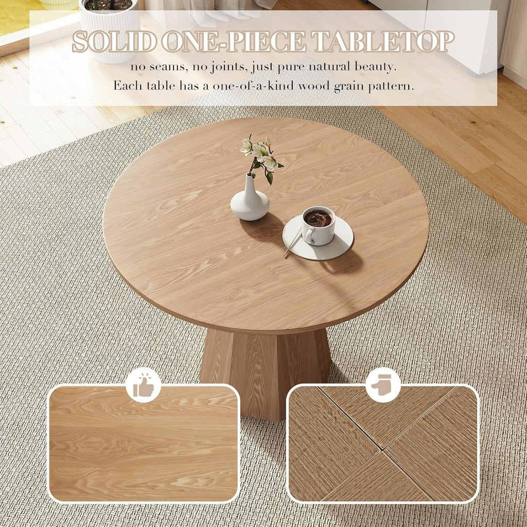 39” Round Solid Wood Dining Table for 4-5 People, Modern Pedestal Kitchen Table with Octagon Base, Circle