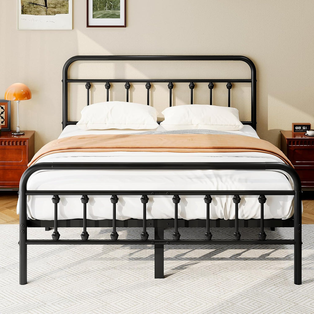 Queen Metal Platform Bed Frame/Victorian Style Headboard and Footboard/Steel Slat Support/Easy Assembly/No Box Spring