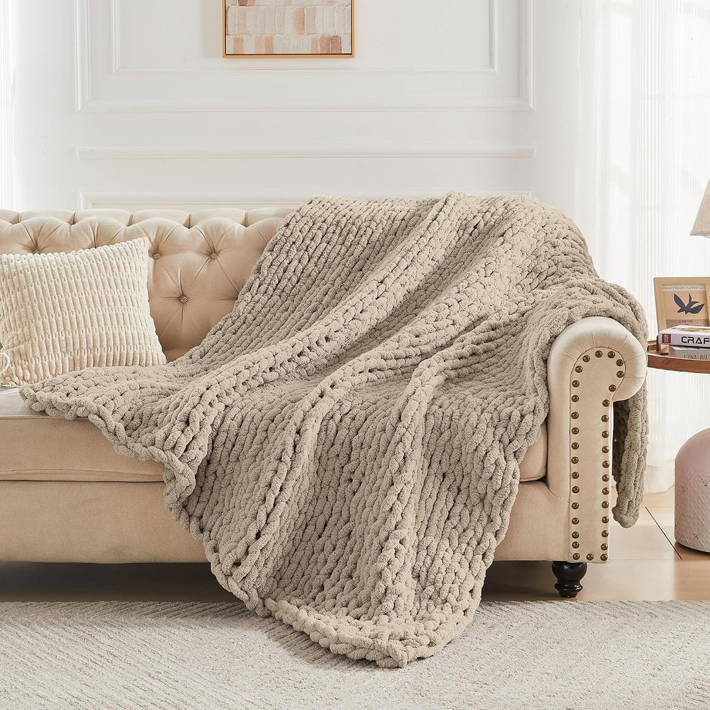 Chunky Knit Throw Blanket 50" X 60", 100% Hand Made Large Chenille Loop Yarn Soft Fluffy Throws, Big Crochet Cozy