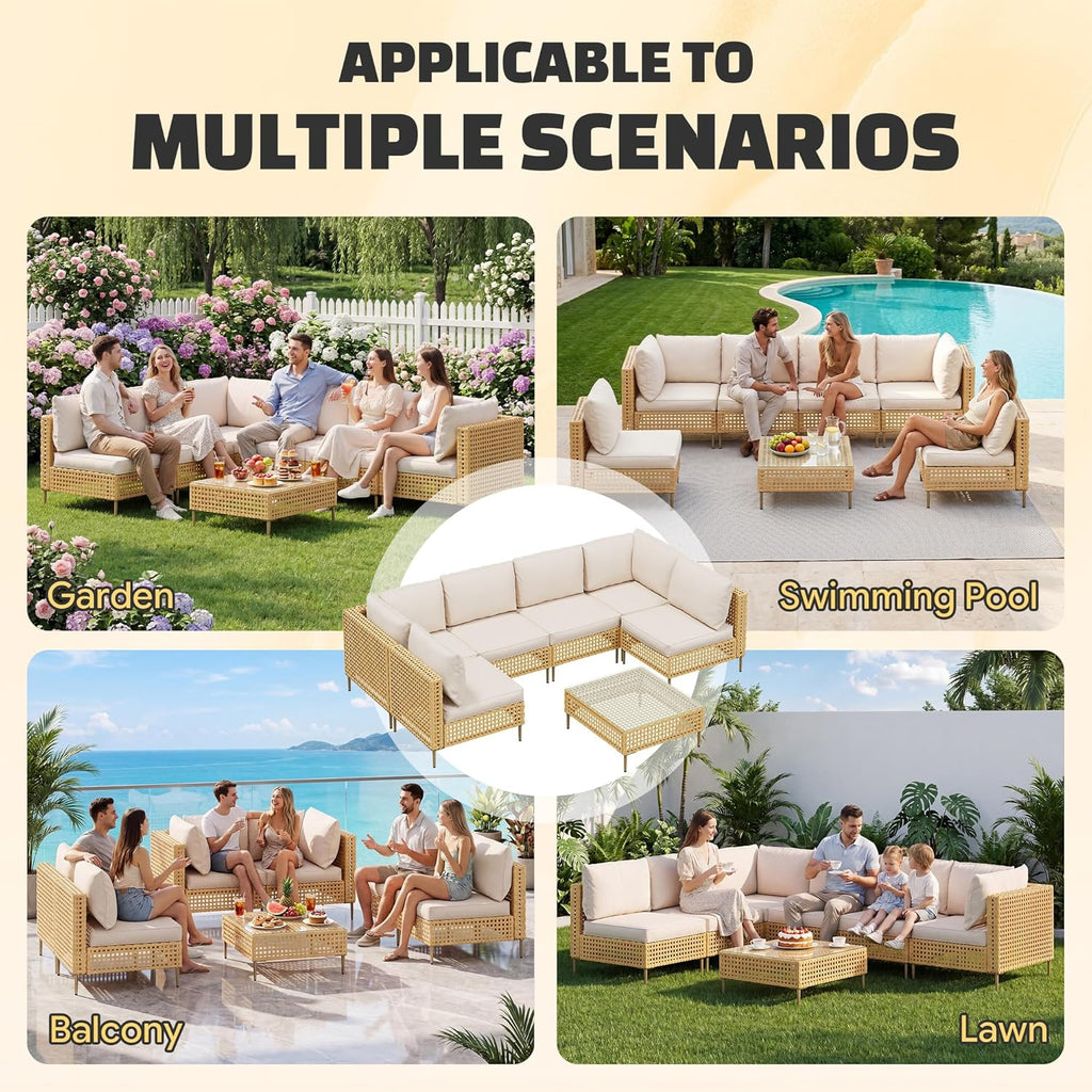 7-Piece Patio Furniture Set, Handmade Rattan Outdoor Furniture Set, Outdoor Sectional Furniture, Patio Sectional with