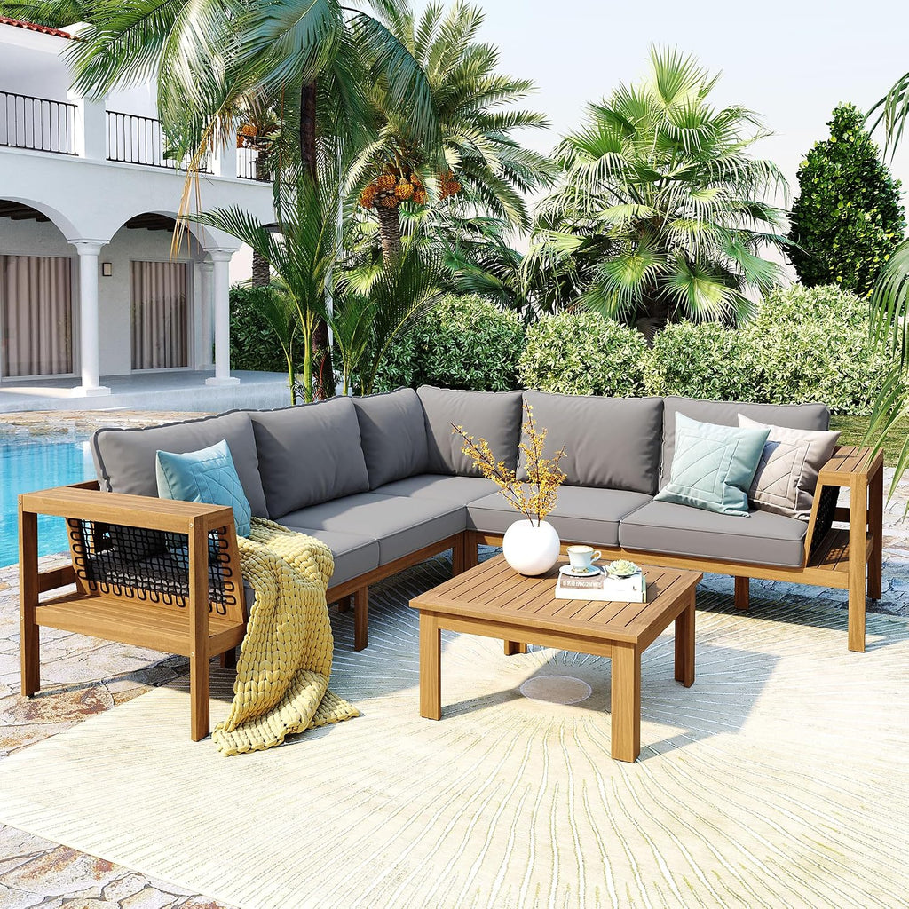 4 Pieces Patio Furniture Set, Outdoor L-Shaped Sectional Sofa Set with Coffee Table, Acacia Wood Conversation Seating