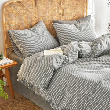 Striped Cotton Duvet Cover Set, Grey