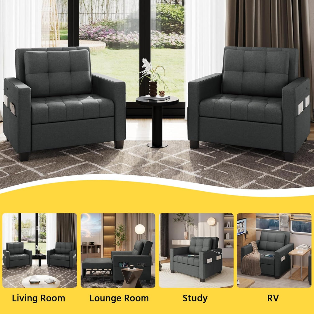 Sleeper Chair, Converts to Bed with USB Ports & Pocket, Dark Gray | Futon, Lounge Chair Fabric Sofa Bed 3-in-1