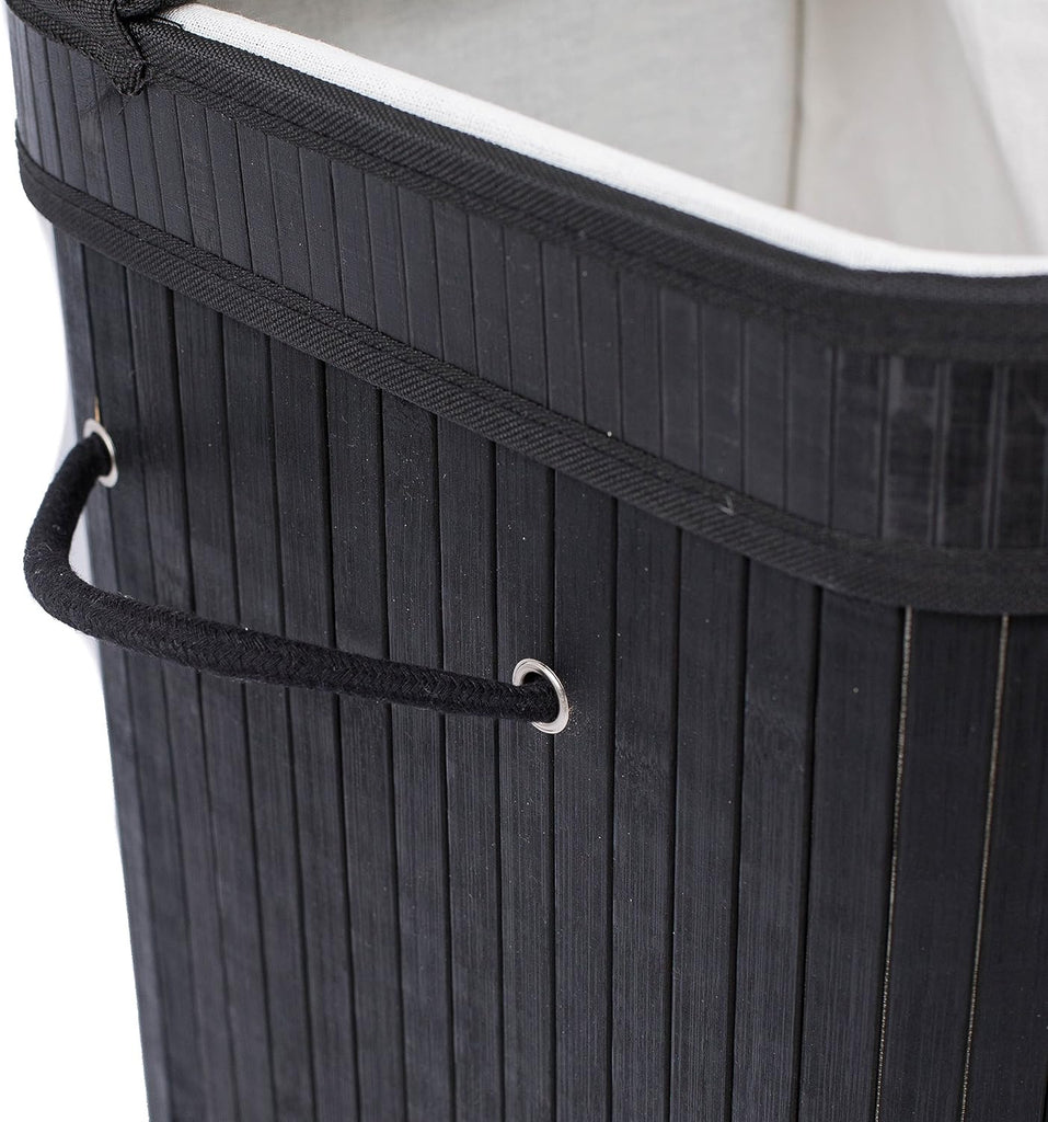 Double Laundry Hamper with Lid and Cloth Liner - Bamboo - Black - Easily Transport Laundry Basket - 2 Section