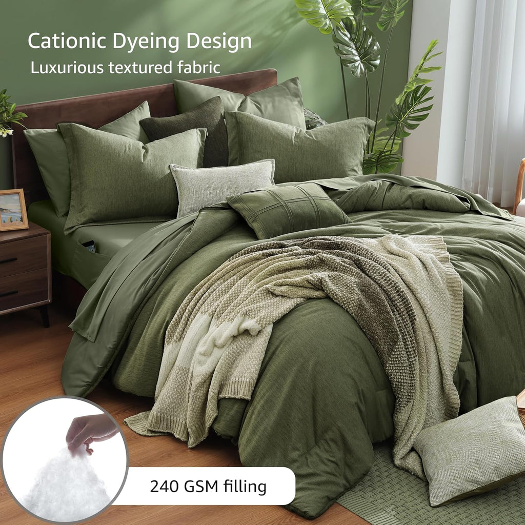 Comforter Set, Olive Green Bed Set Reversible, Comforter Set 7 Pieces