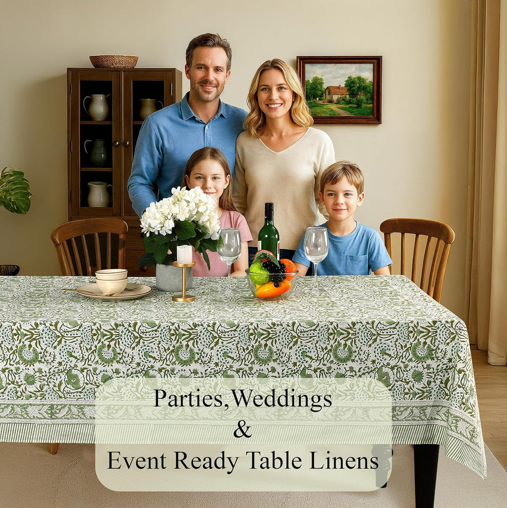 Block Print Tablecloth Agate Green 90"x60" Rectangular 100% Cotton Reusable Table Cover, Everyda
