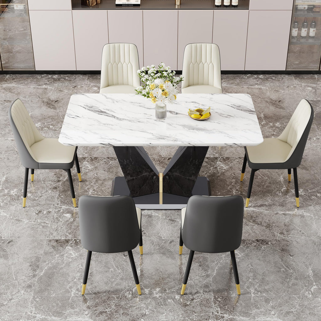 Modern Dining Table Set for 6, 7 Piece Dining Room Table Set, White Marble Dining Room Table Set for 6, 63" Rectangule