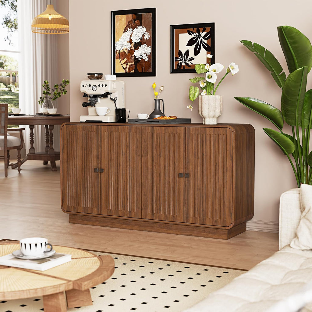 58 Inch Sideboard Buffet Cabinet with Storage, Curved Edges Buffet Storage Cabinet with 4 Fluted Doors, Mid Century