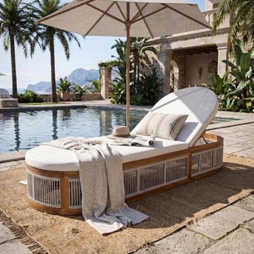 Teak Finish Acacia Wood Chaise Lounge with Cream Cushion, 3-Position Adjustable Outdoor Patio Poolside Lounger