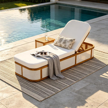 Teak Finish Acacia Wood Chaise Lounge Set with Cream 2-Fold Cushion, Outdoor Recliner Chair with 3-Position