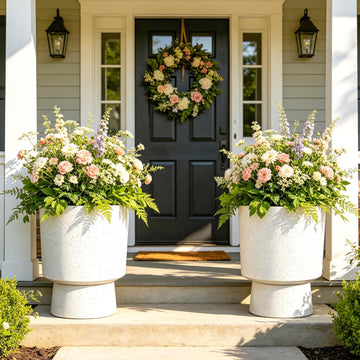 2-Pack 16.75" White Terrazzo Urn Planters with Detachable Bases | Set of 2 PP urn planters with white terrazzo