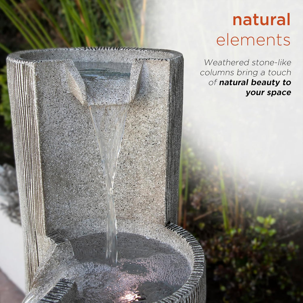 41” Outdoor 3-Tiered Weathered Stone Water Fountain with Natural Stone Look - Garden Water Feature Decoration, Gray