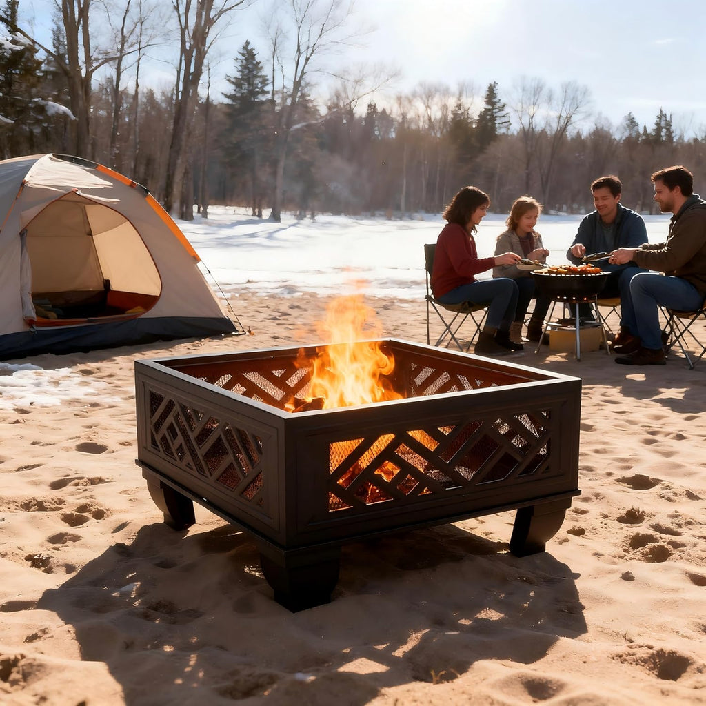 Update Version 26 Inch Wood Burning Fire Pit with Cooking Grill and Spark Screen, Outdoor Metal Firepit