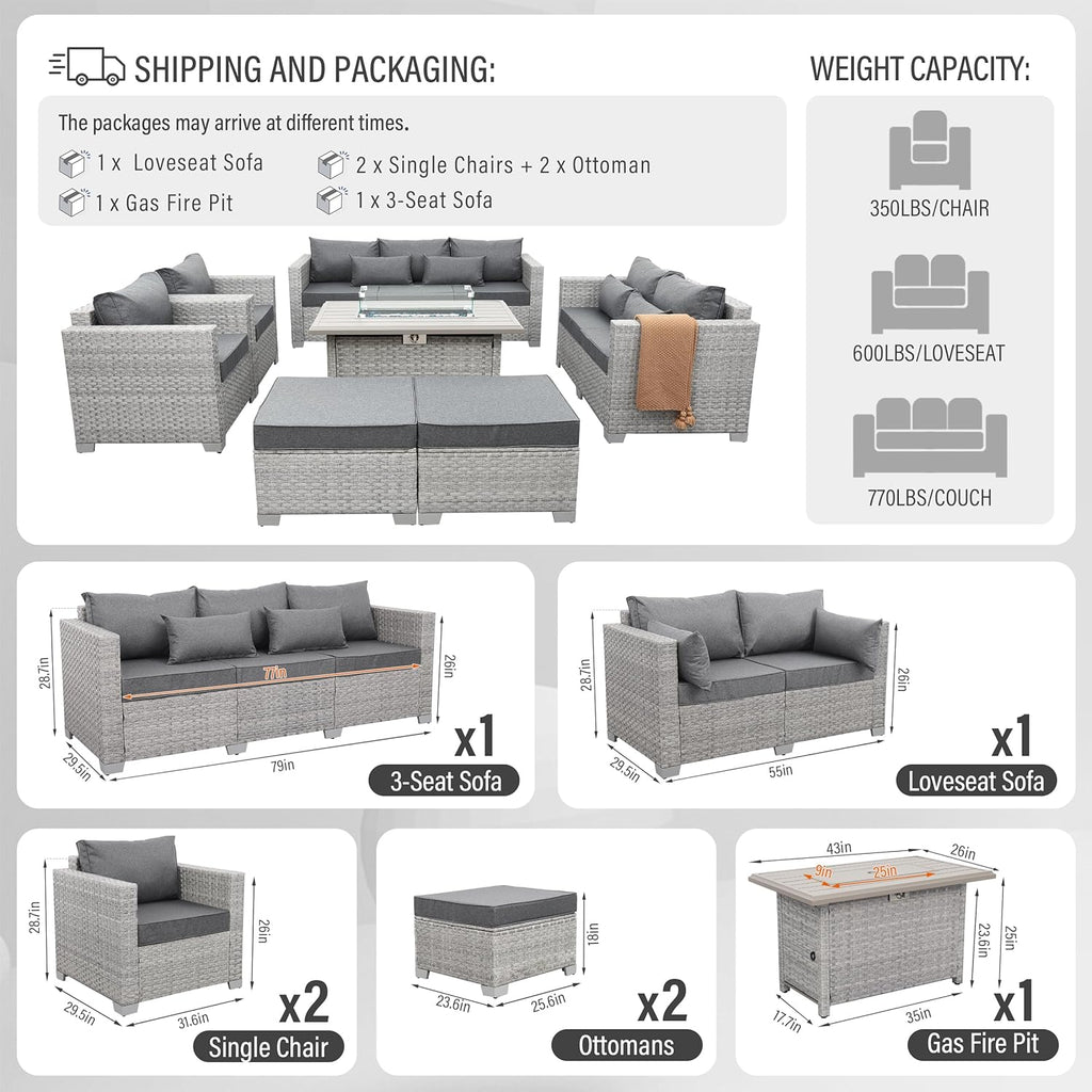 Patio Furniture Set 7 Piece Grey Wicker Outdoor Conversation Sets PE Rattan Sectional Sofa with Propane Fire