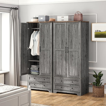 Wooden Armoire Wardrobe Closet with Drawers, Grey, 71" Tall,Set of 2 | 4 Modern Doors, Freestanding, with 4 Drawers