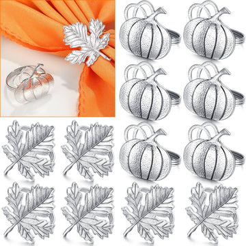 12 Pcs Silver Fall Napkin Ring Set Maple Leaf Pumpkin Napkin Holder