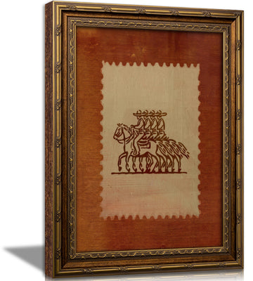 Vintage Gold Framed Western Cowboy Wall Art, Retro Stamp Style Riding Horse Canvas Print, Rustic Western Ranch