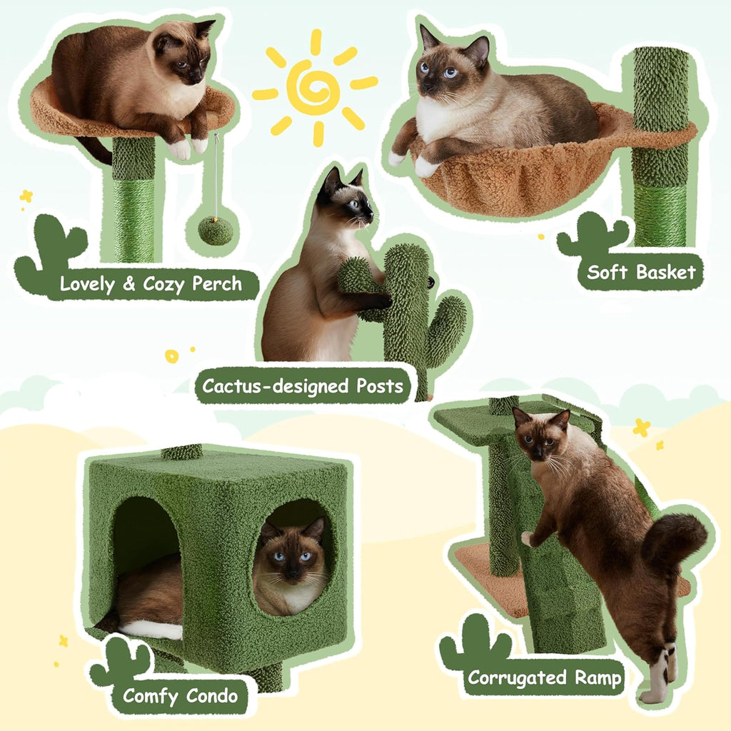 Cactus Cat Tree | 59.5in Cat Tower w/Cute Perch, Cozy Condo