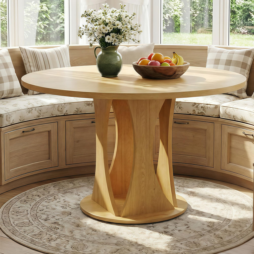 Round Dining Table, 47'' Kitchen Table for 4-6, Dining Room Dinner Table with Wooden Tabletop & Geometric Arcs