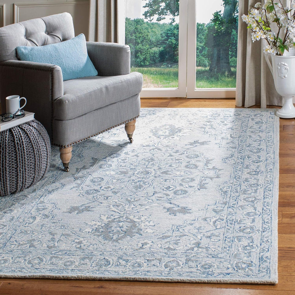 Micro-Loop Area Rug - 10' x 14', Light Blue & Ivory, Handmade Shabby Chic Wool