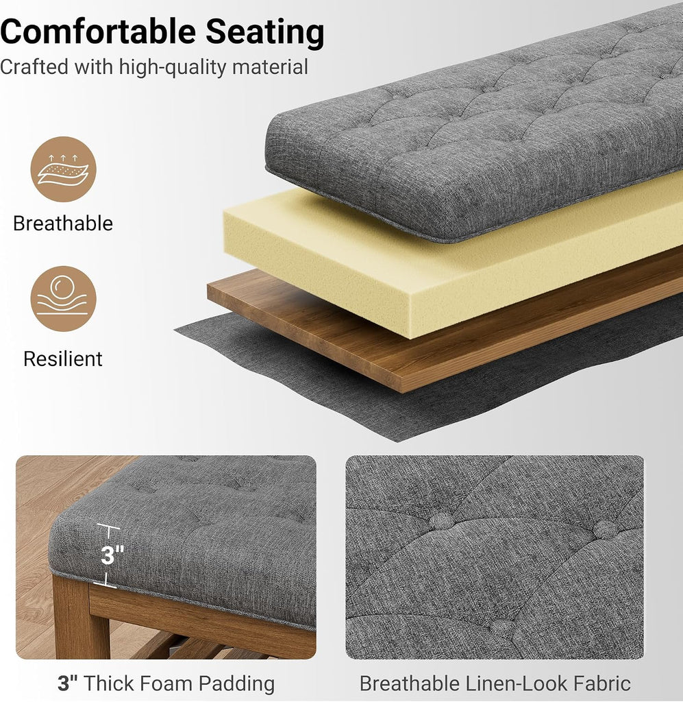 End of Bed Storage Bench, 42.9" Entryway Shoe Bench with Solid Wood Shelf, Upholstered Ottoman with Padded Seat and