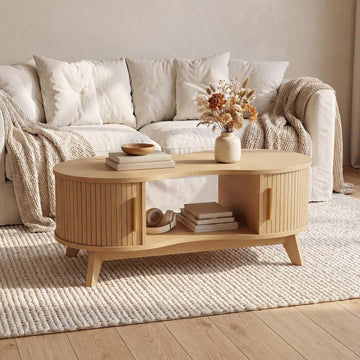 Coffee Table, Dual Oval Coffee Table with with Storage Cabinet and Sliding Tambour Door, 2-Tier Open Storage Shelf