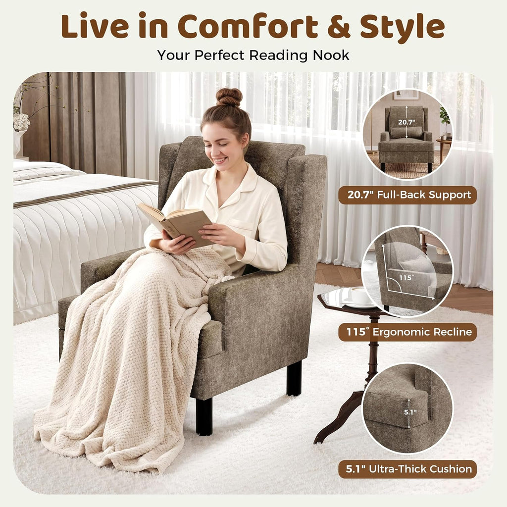 Wingback Accent Chair , Mid-Century Modern Reading Chair , Modern Chenille Upholstered Comfy Armchair with High Back