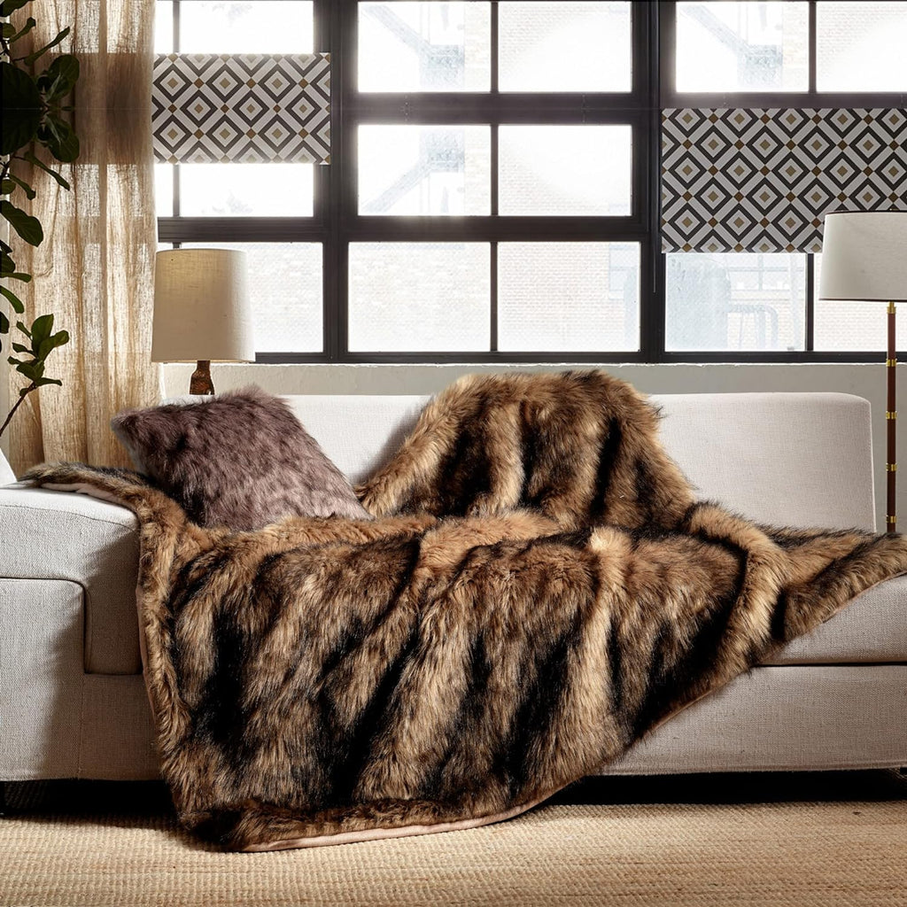 Luxury Plush Faux Fur Blanket Queen, Long Pile Brown with Black Tips, Oversized Super Warm, Fuzzy, Elegant, Fluffy