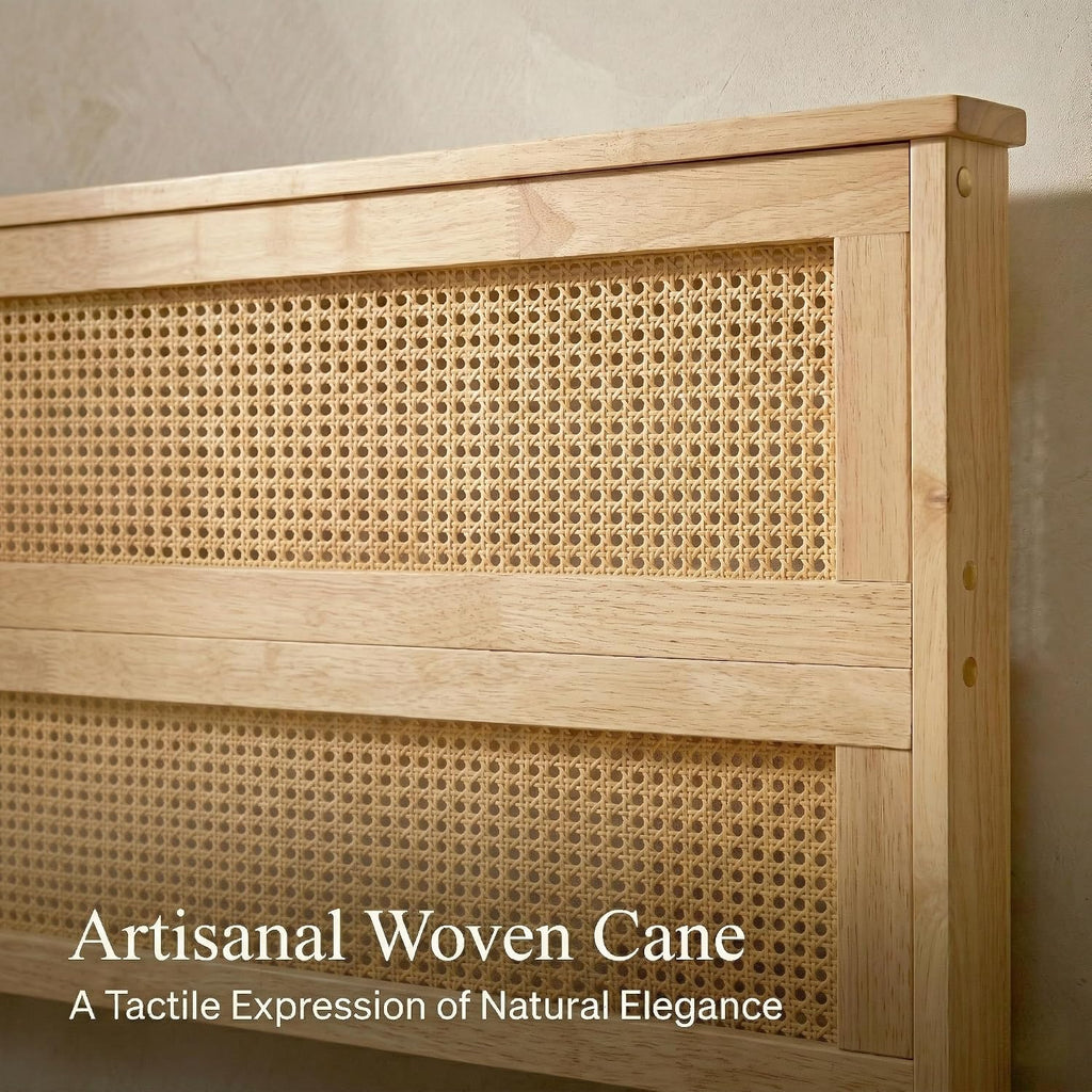 King Solid Wood Bed Frame with Interwoven Rattan Headboard, Rubber Wood Platform Bed with Underbed Storage Space