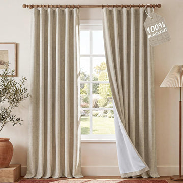 DIY Pinch Pleat Greige 100% Blackout Linen Curtains with Hook Belt, 3-in-1 Hanging Style Heavyweight White Liner