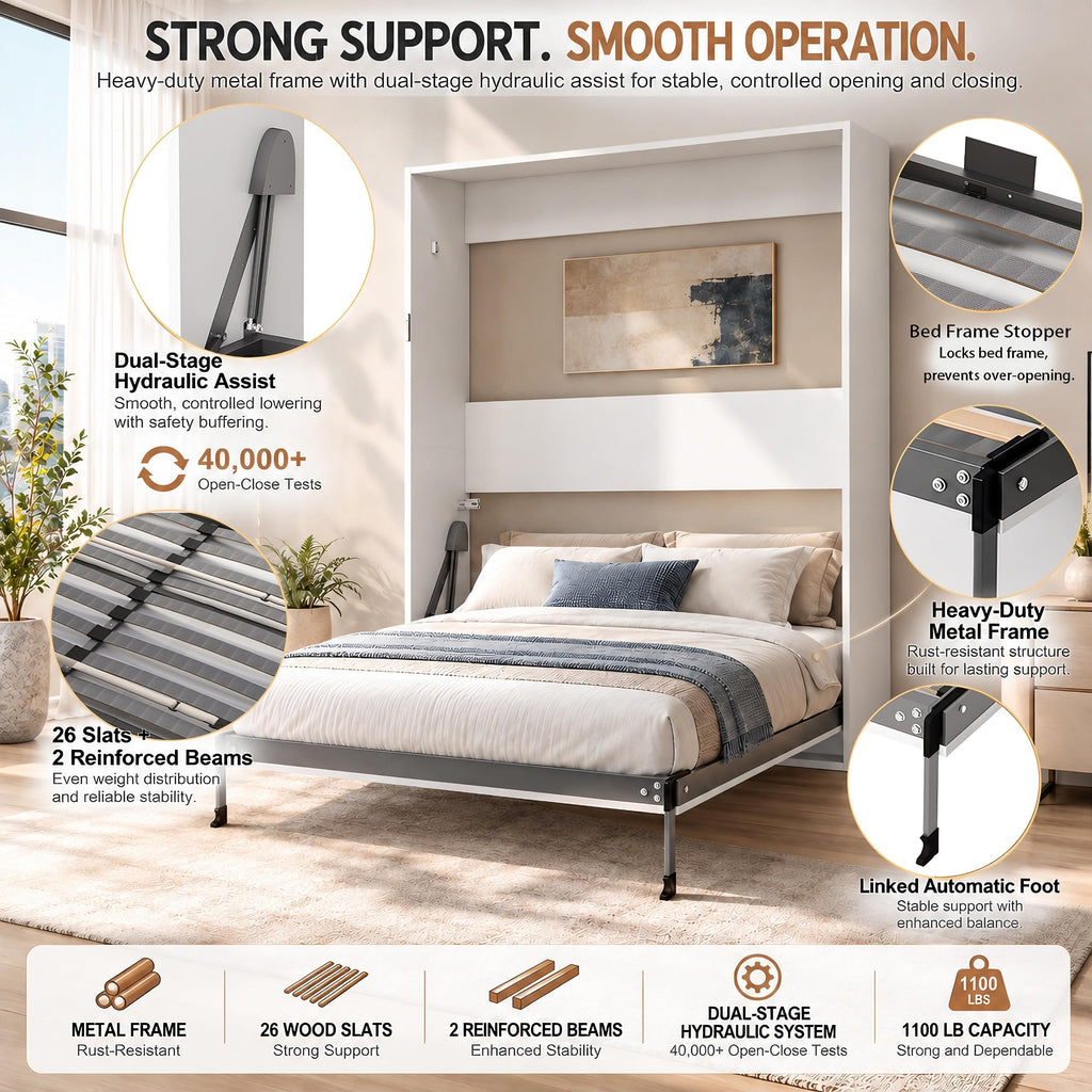 Queen Murphy Bed, White Vertical Folding Wall Bed Cabinet for Small Spaces