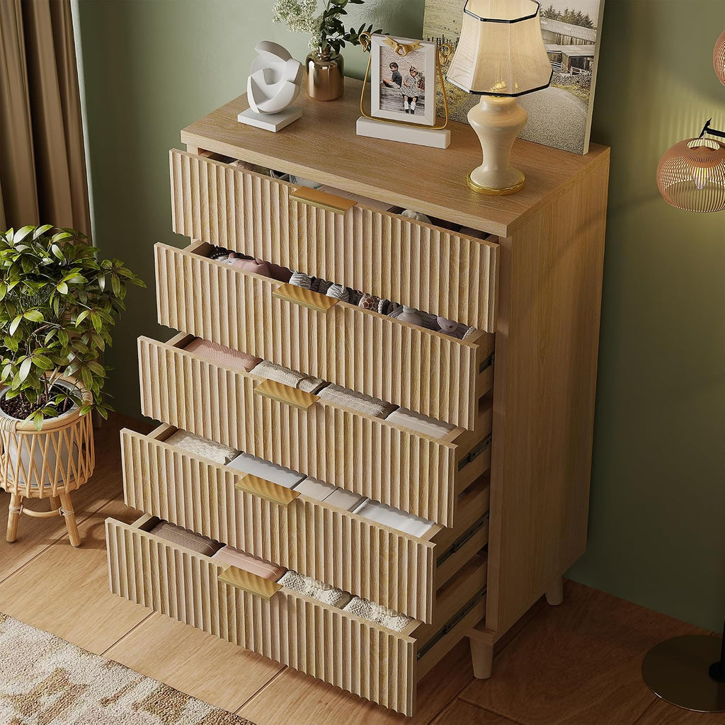 Dresser Wood Tall Dressers Drawers, Fluted Modern Dresser 5 Drawers Natural
