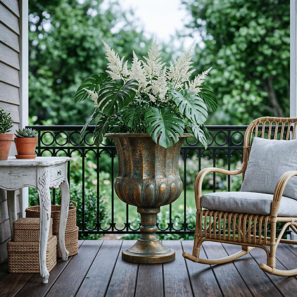24.5" H. Metal Urn Planters 1-Pack - Bronze Classic Antique Iron Plant Pots - Large Decorative Rustic Flower Pots for