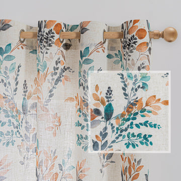 Floor to Ceiling Linen Floral Curtains 95 Inch Length 2 Panels Semi Sheer Light Filtering Farmhouse Leaf Printed