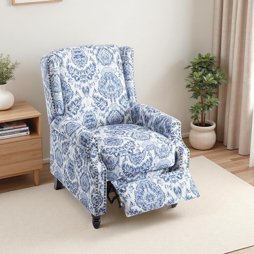 Wingback Recliner Chair with Adjustable Push Back, Navy | Pushback Recliner Chair with Footrest & Padded Seat, Solid