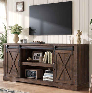 66" TV Stand for 65 Inch TV, Farmhouse Entertainment Center with Storage Cabinets and Adjustable Shelf & Feet, Modern