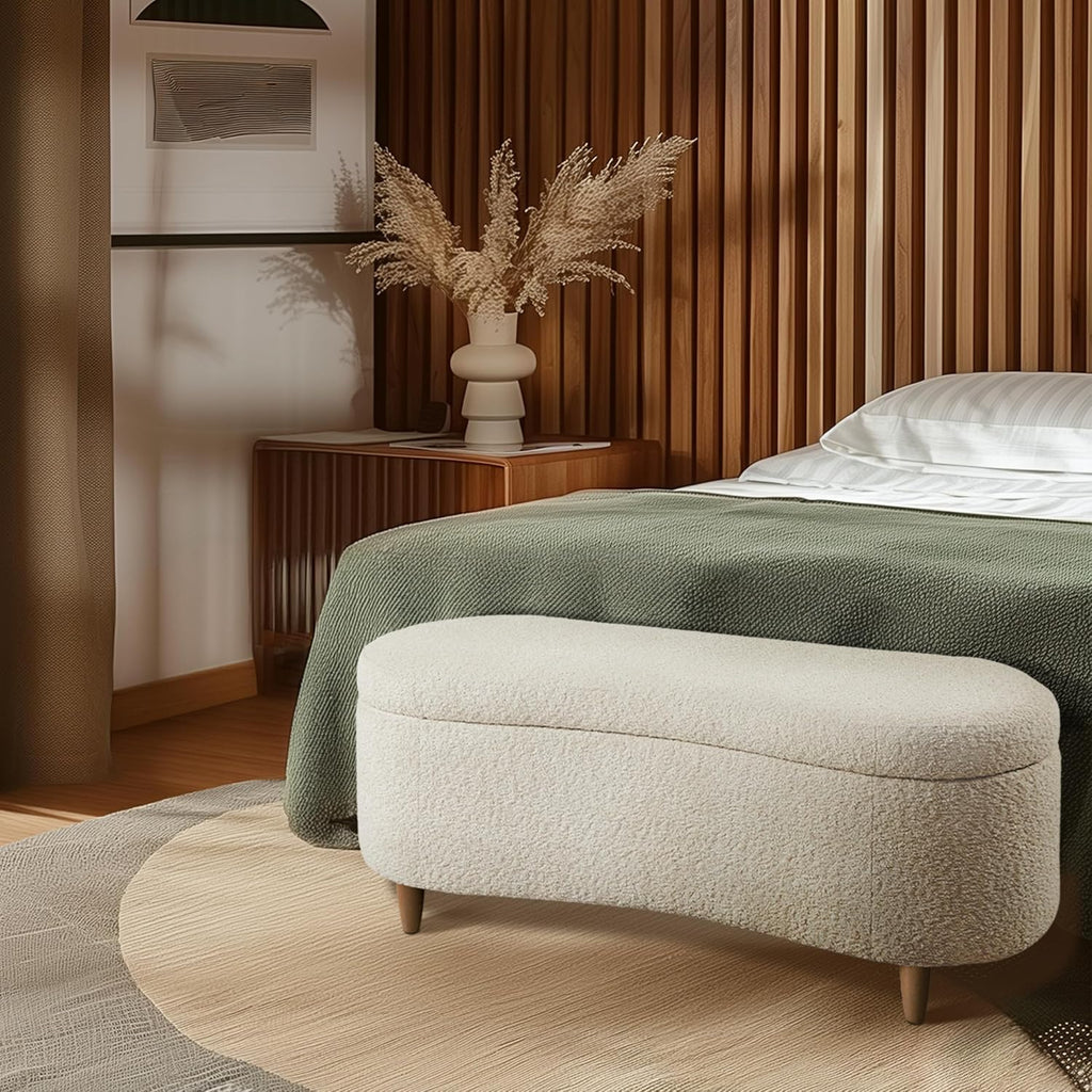 Boucle-Style Curved Storage Accent Bench