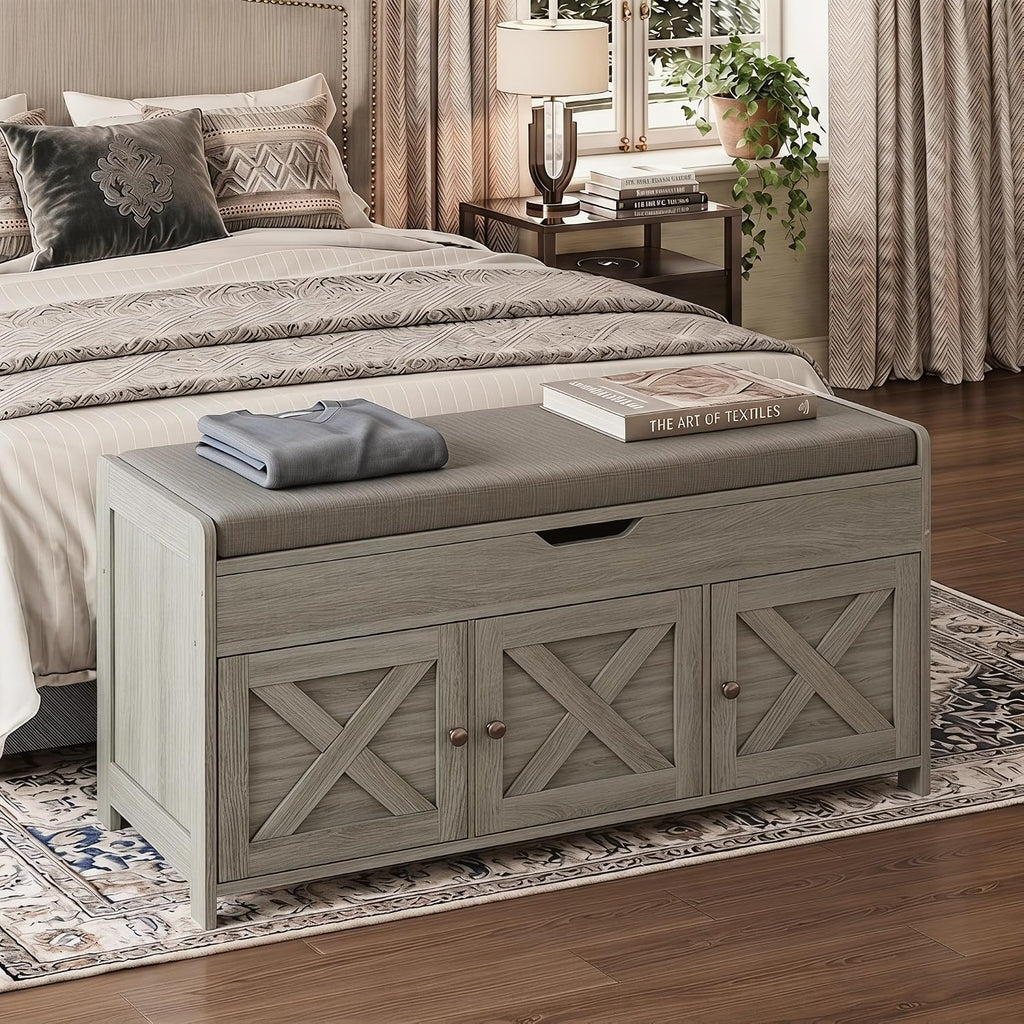 Shoe Storage Bench with Seating, Farmhouse Entryway Bench with Shoe Storage and Cushion, Under Window Benches Wooden